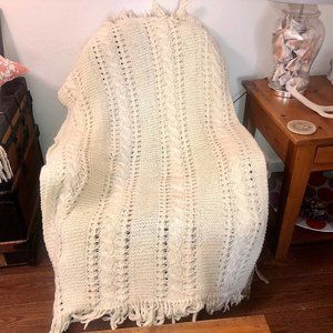 Afghan Throw Hand Made Knit Blanket Cream Color 62" x 37"